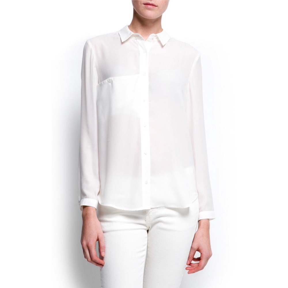 Mango One Pocket White Ivory Button Blouse NWOT